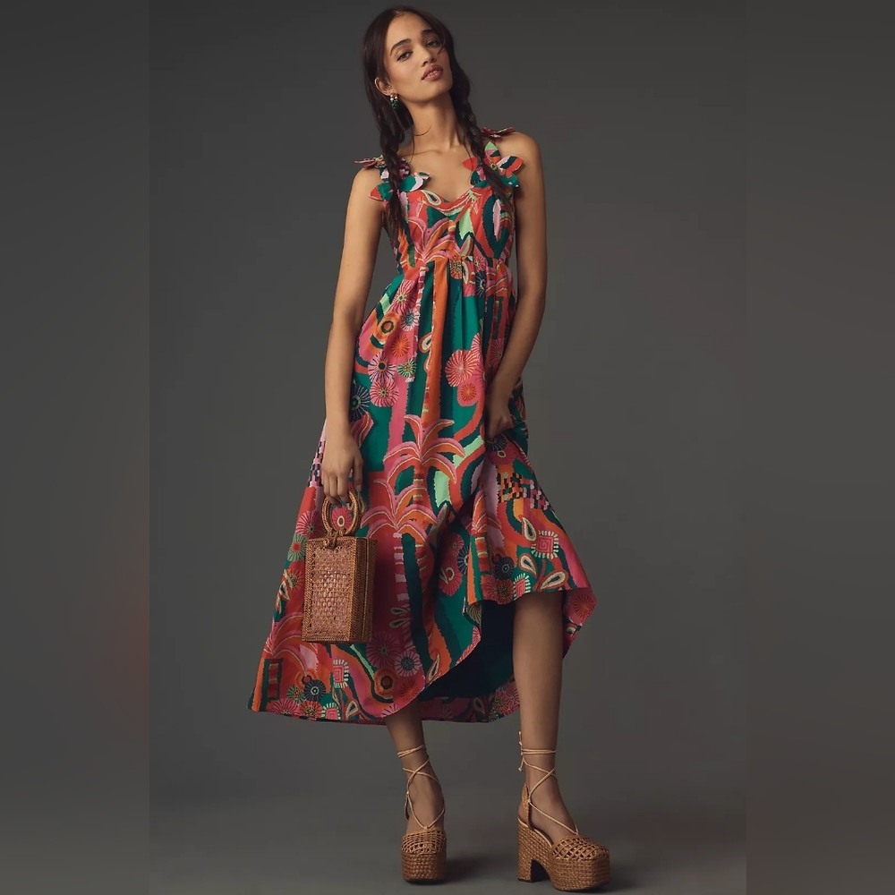 Farm Rio X Anthropologie Pleated Palm Elegant Multicolor Women's Midi Dress